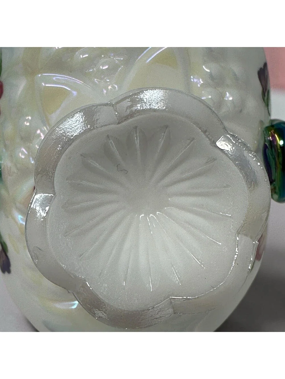 Fenton Glass Iridescent Spanish Lace Floral Hand Painted Mini Basket Signed